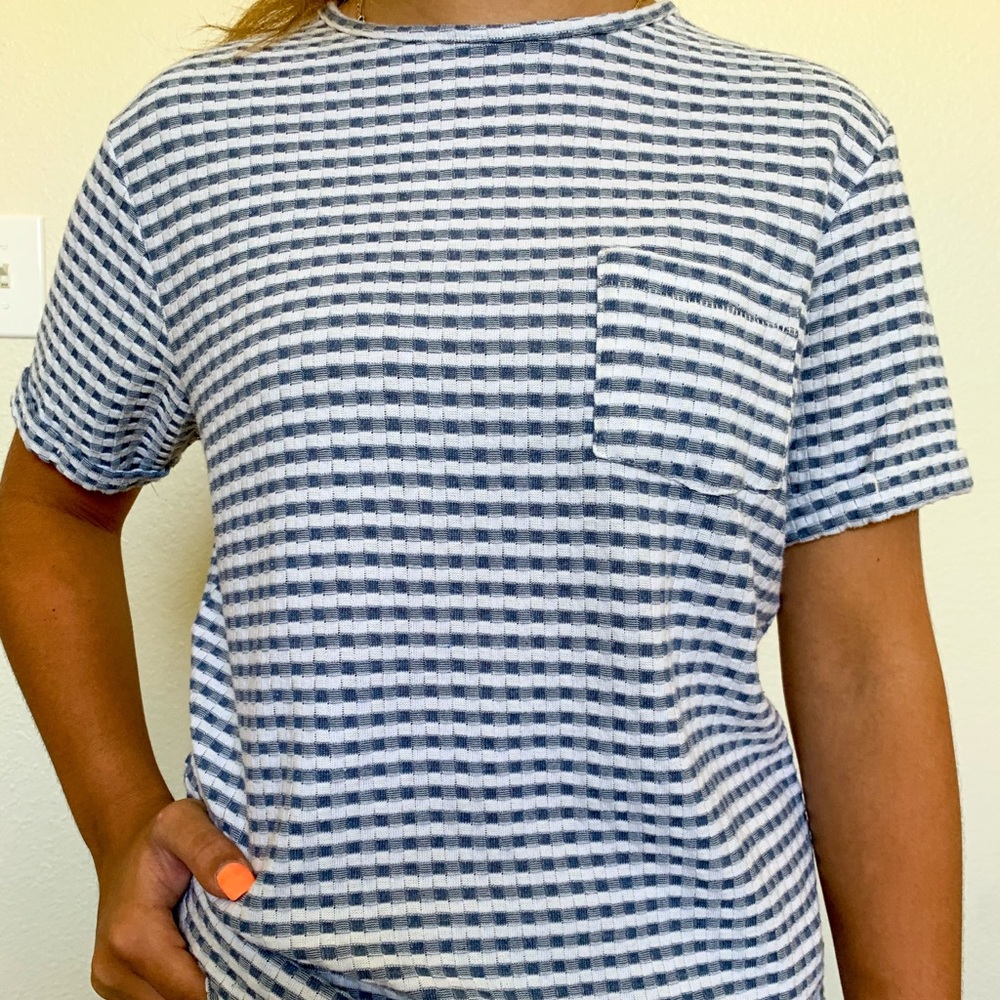 Blue and white patterned shirt